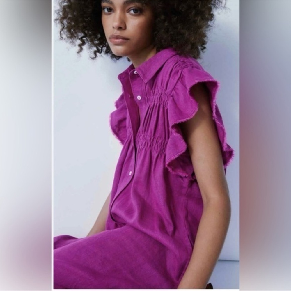 Melissa Nepton Linen Button Up Shirt Dress Deep Violet Pockets